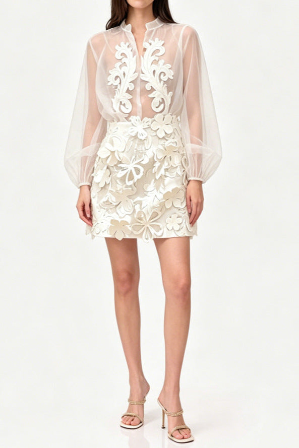 Floral Appliqué Sheer Organza Blouse & Mini Skirt Set - White Avalabel