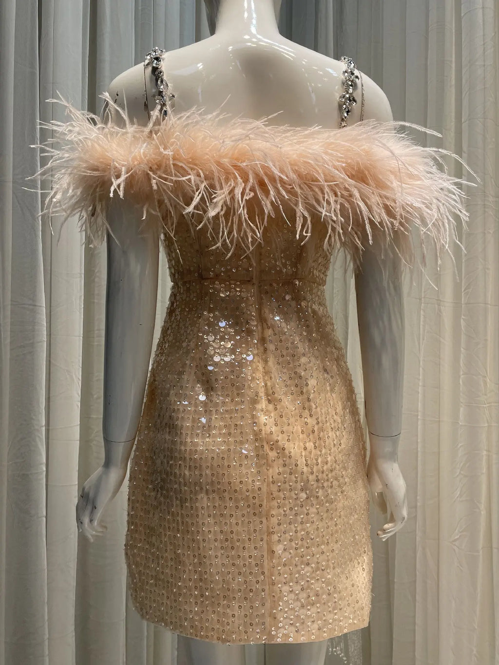 priscilla sequin feather crystal-strap mini dress in pink Avalabel