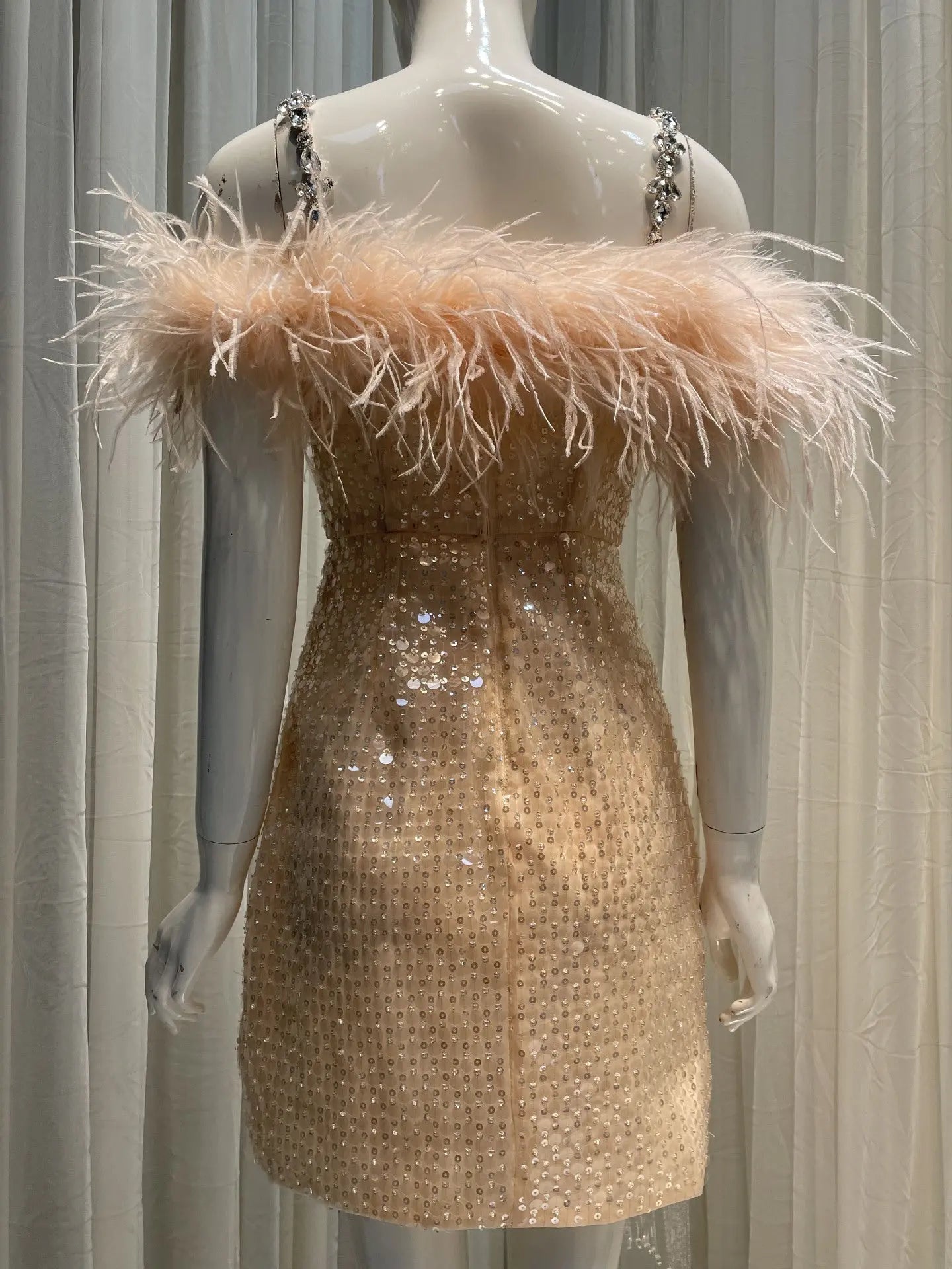 priscilla sequin feather crystal-strap mini dress in pink Avalabel