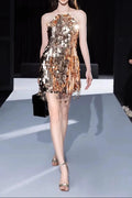 tammy Halter Sleeveless Sequin Mini Dress in gold Avalabel