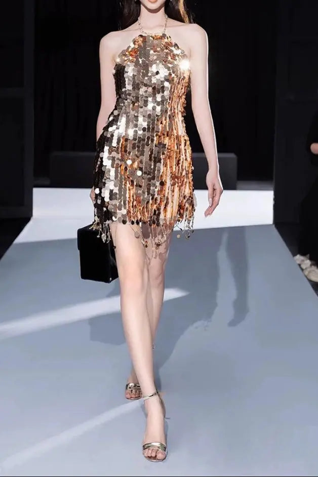 tammy Halter Sleeveless Sequin Mini Dress in gold Avalabel