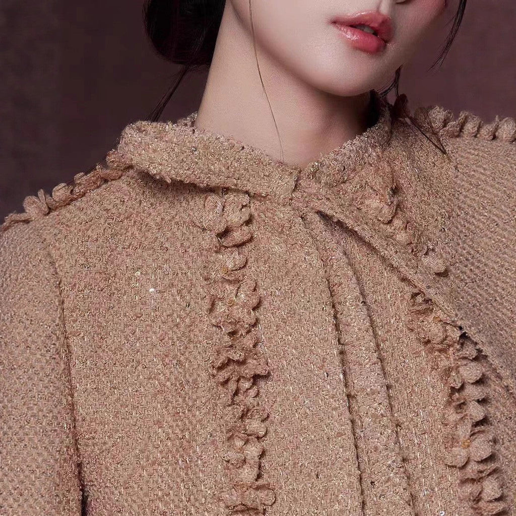 Elva Brown Flower Embellished Tweed Cardigan Shorts Set Avalabel