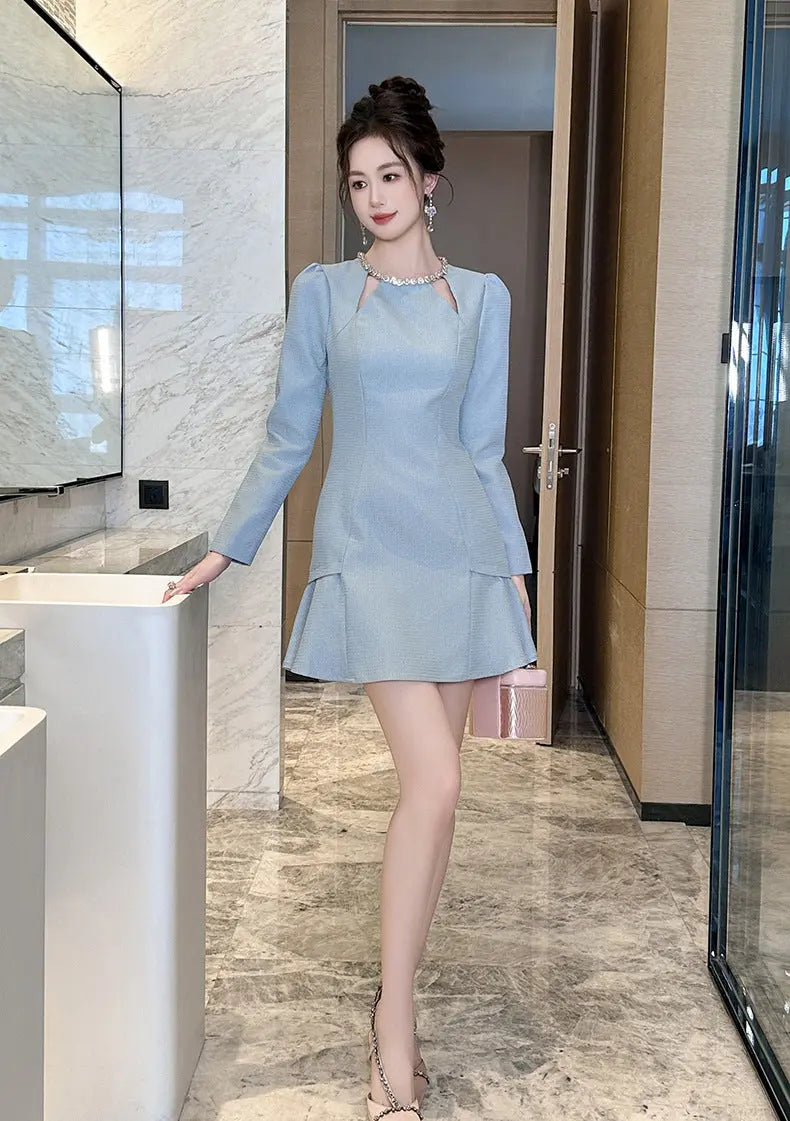 sylvia rhinestone neck cutout mini dress in blue Avalabel