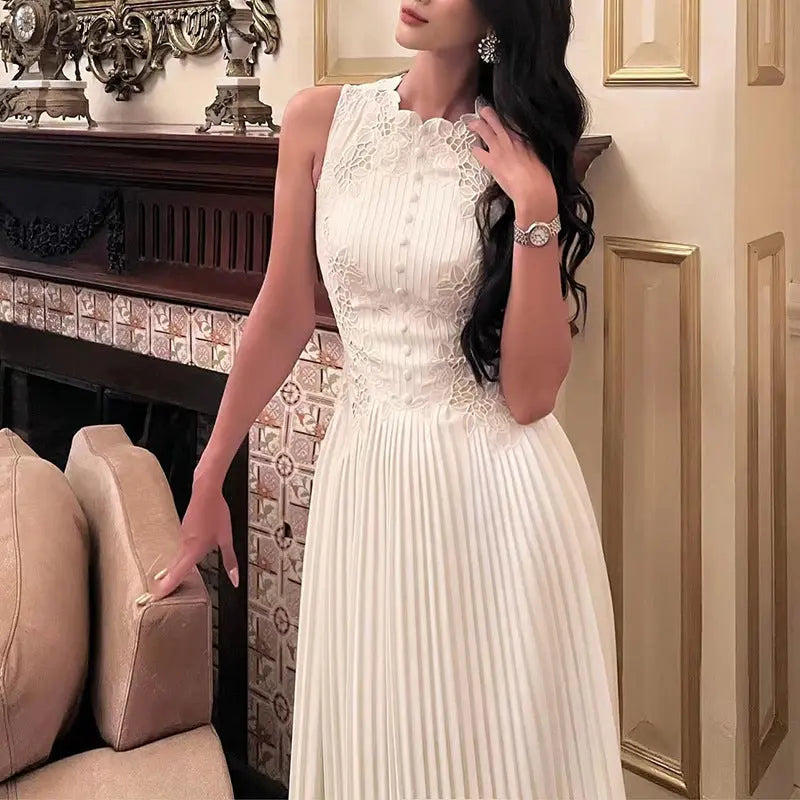 nancy lace embroidery pleated midi dress in white Avalabel