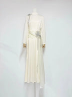 crystal flower Long-sleeve lace pleated maxi dress in apricot Avalabel