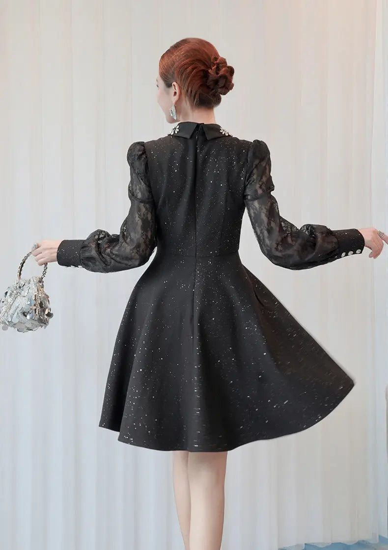 Lynn Black Rhinestone Collar Neck Lace Hollow Sleeve Mini Dress Avalabel