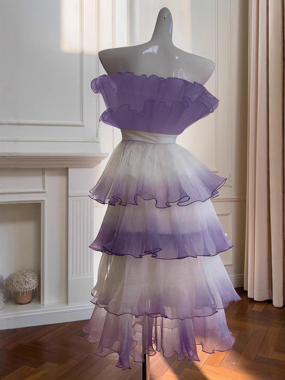 Purple Gradient Pleated Ruffle Trim Layered Mini Dress Avalabel