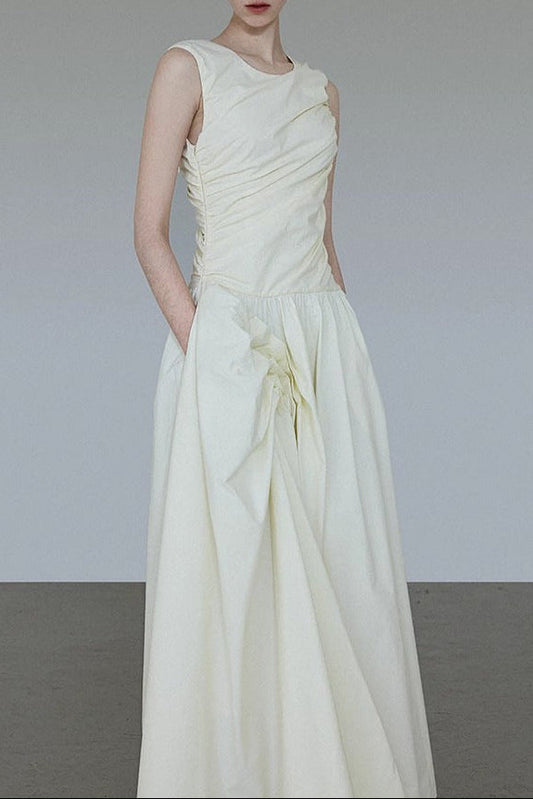 jenny ruched a-line sleeveless midi dress in apricot