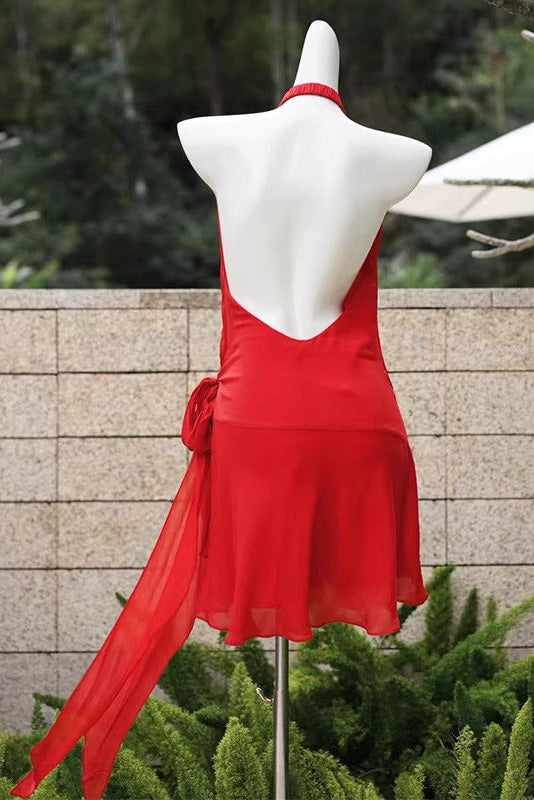 Halter Backless V-Neck Sleeveless Lace-Up Mini Dress in Red Avalabel
