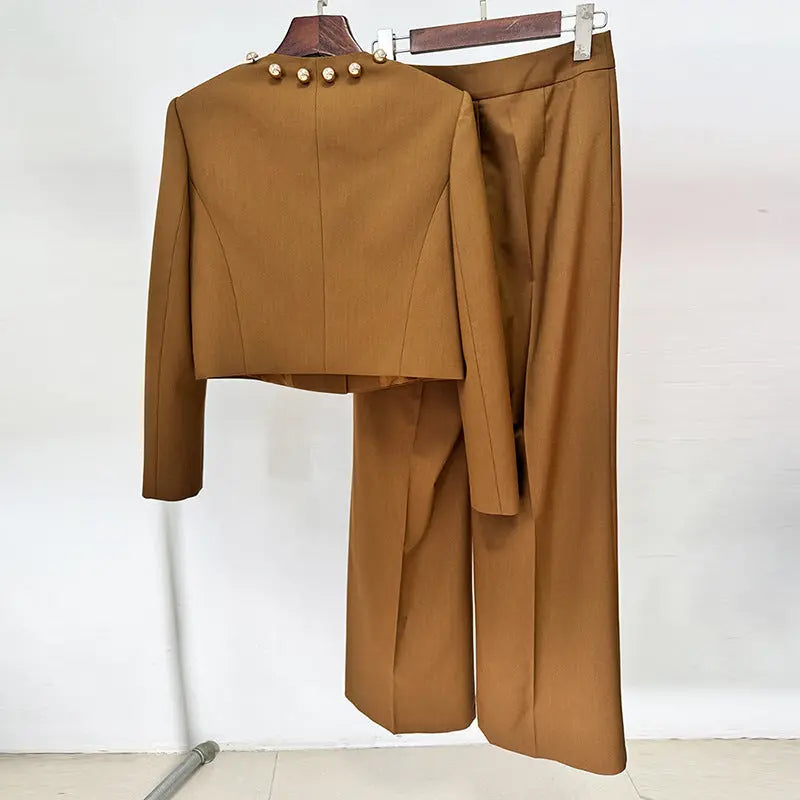 miranda pale brown button-decorated short jacket two-piece set Avalabel