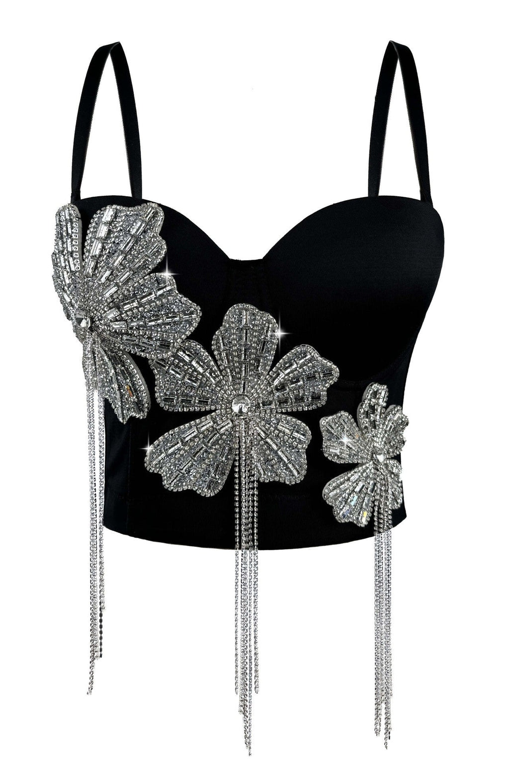 Spaghetti Strap 3D Rhinestone Flower Tassel Fringe Corset Bustier Top sis label