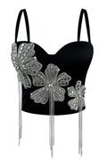 Spaghetti Strap 3D Rhinestone Flower Tassel Fringe Corset Bustier Top sis label