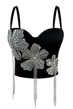 Spaghetti Strap 3D Rhinestone Flower Tassel Fringe Corset Bustier Top sis label