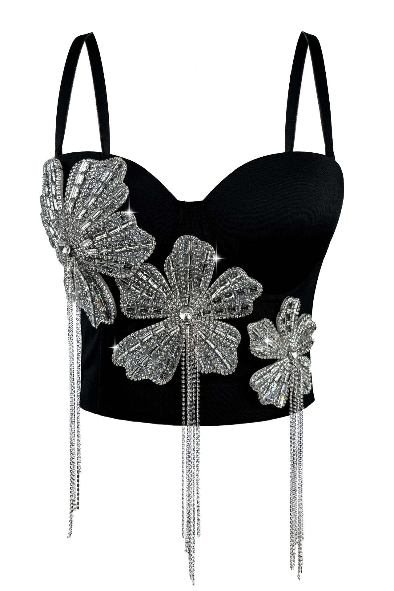 Spaghetti Strap 3D Rhinestone Flower Tassel Fringe Corset Bustier Top sis label