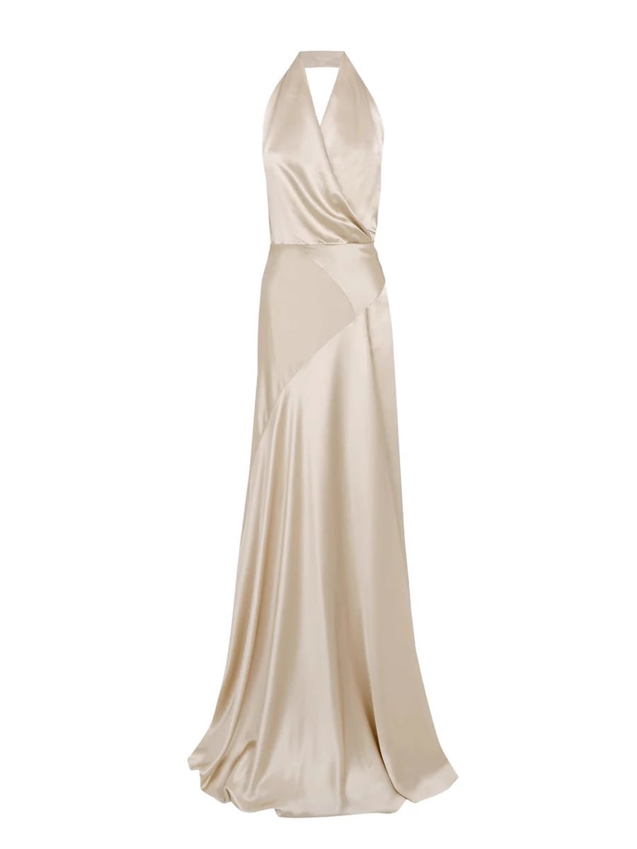 Kay Champagne Crepe Bias-Cut Satin Halter Maxi Dress Avalabel