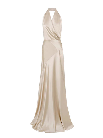 Kay Champagne Crepe Bias-Cut Satin Halter Maxi Dress