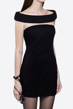 Lola Black Off-Shoulder Asymmetrical-Draped Mini Dress Avalabel