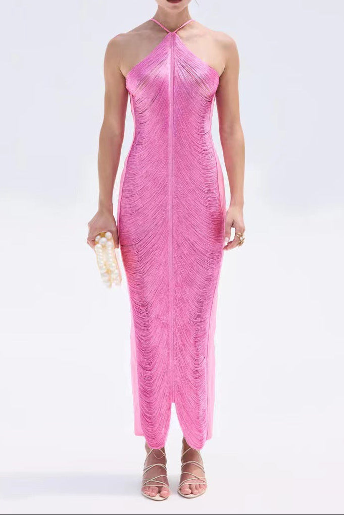 tassel rear slit halterneck dress Avalabel