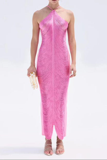 tassel rear slit halterneck dress