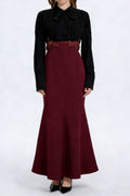 Carlin Balloon Sleeve Ruched Tie Up Midi Dress - Black & Red Avalabel