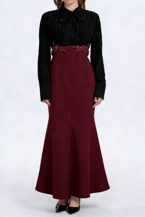 Carlin Balloon Sleeve Ruched Tie Up Midi Dress - Black & Red Avalabel