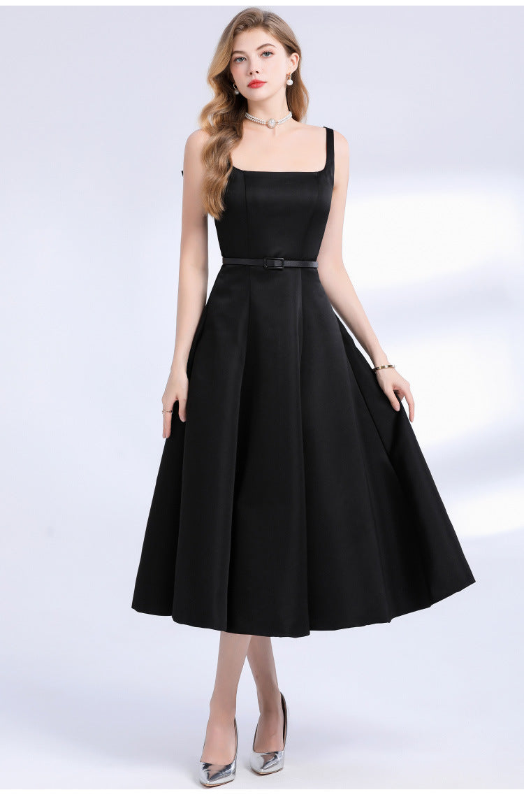 Amelia Square Neck Satin Slip Midi Dress - Black Avalabel