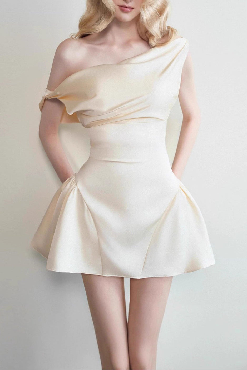 Tina Satin Ruched Mini Dress in Cream White