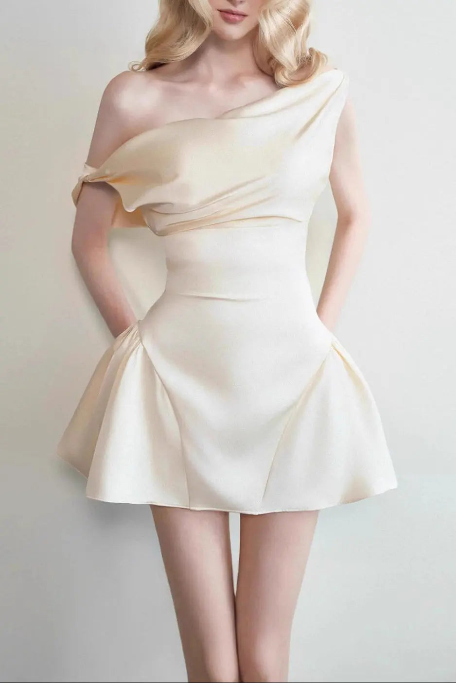 Tina Satin Ruched Mini Dress in Cream White Avalabel