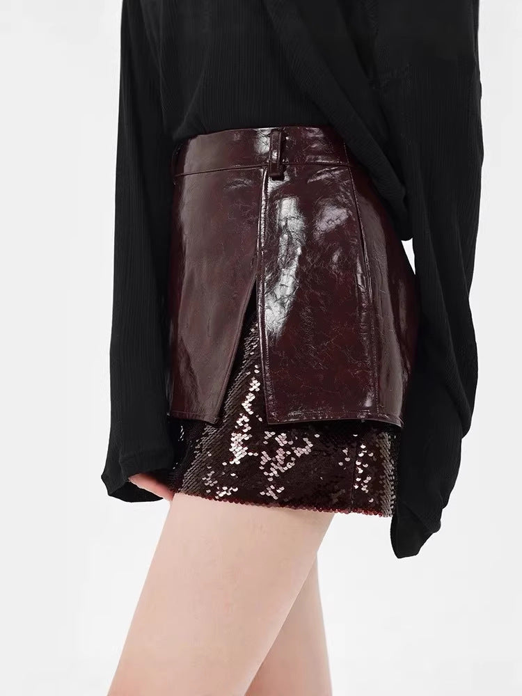 Camille Sequin Embellished Leather Mini Skirt in Burgundy Avalabel