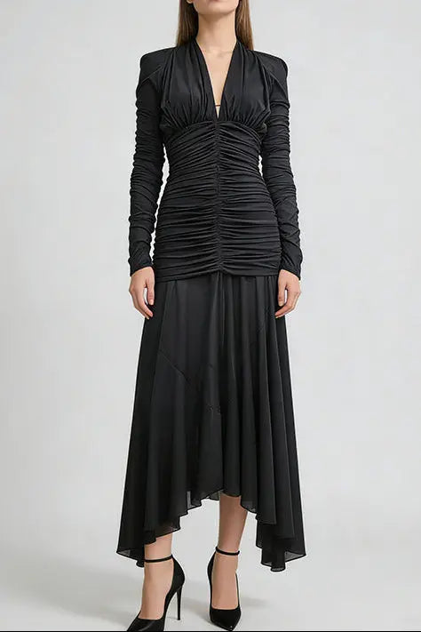 josephine v-neck ruched long-sleeve maxi dress in black Avalabel