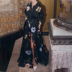 Black Floral Print Belted Shirt Maxi Dress with Slit Avalabel