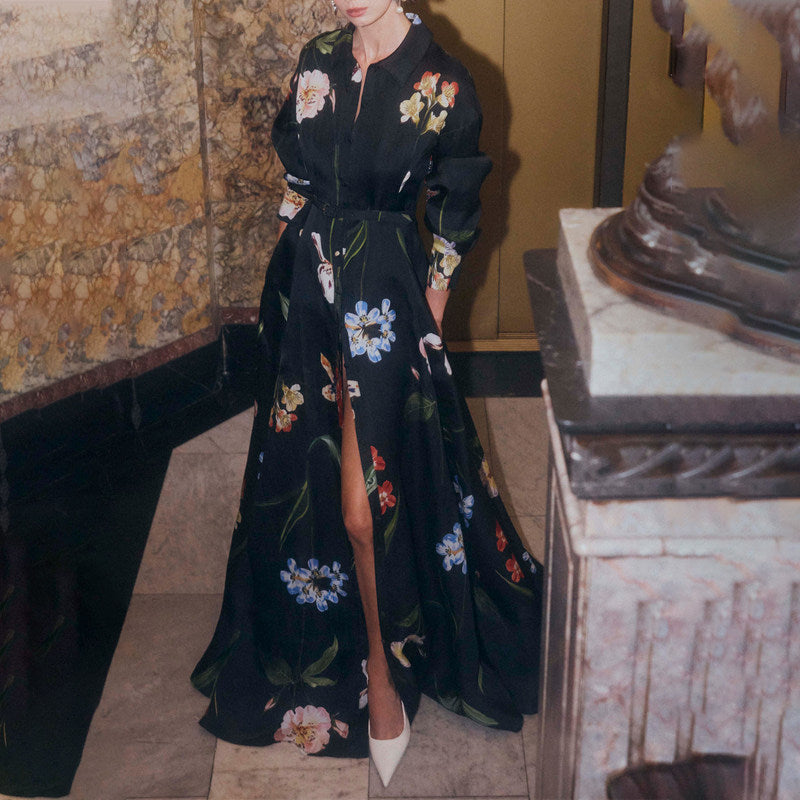 Black Floral Print Belted Shirt Maxi Dress with Slit Avalabel