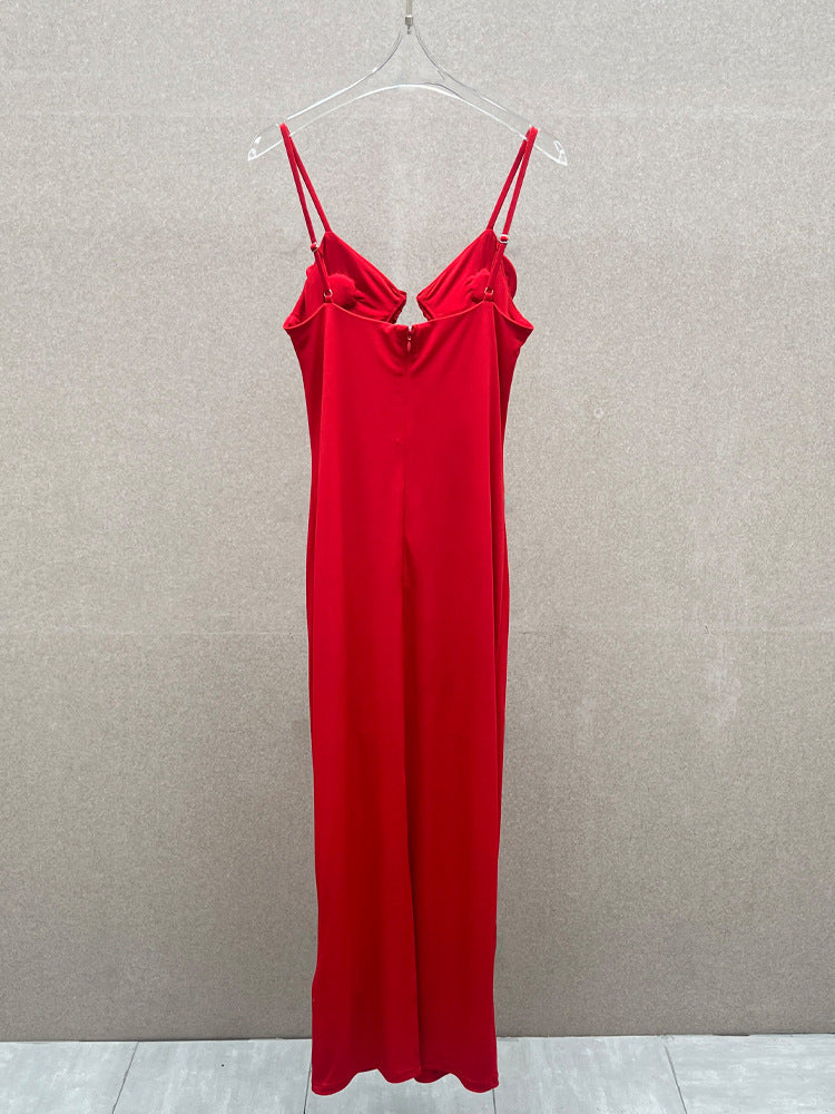 Rose Appliqué Strappy Maxi Dress in Red Avalabel