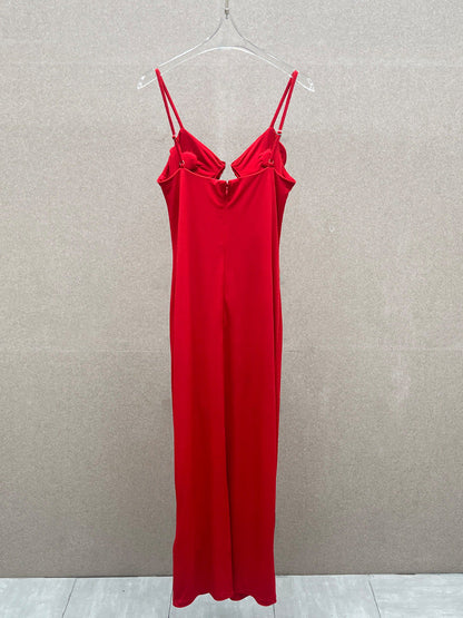 Rose Appliqué Strappy Maxi Dress in Red