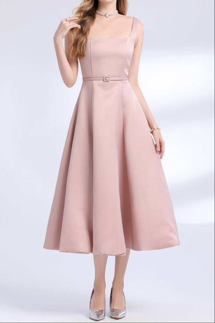 Amelia Square Neck Satin Slip Midi Dress - Pink Avalabel