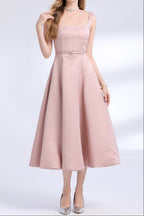Amelia Square Neck Satin Slip Midi Dress - Pink Avalabel