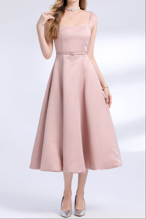 Amelia Square Neck Satin Slip Midi Dress - Pink Avalabel