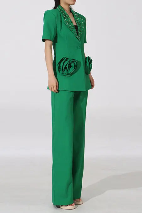 Green Flower Embellished Blazer with Wide-Leg Trousers Set Avalabel