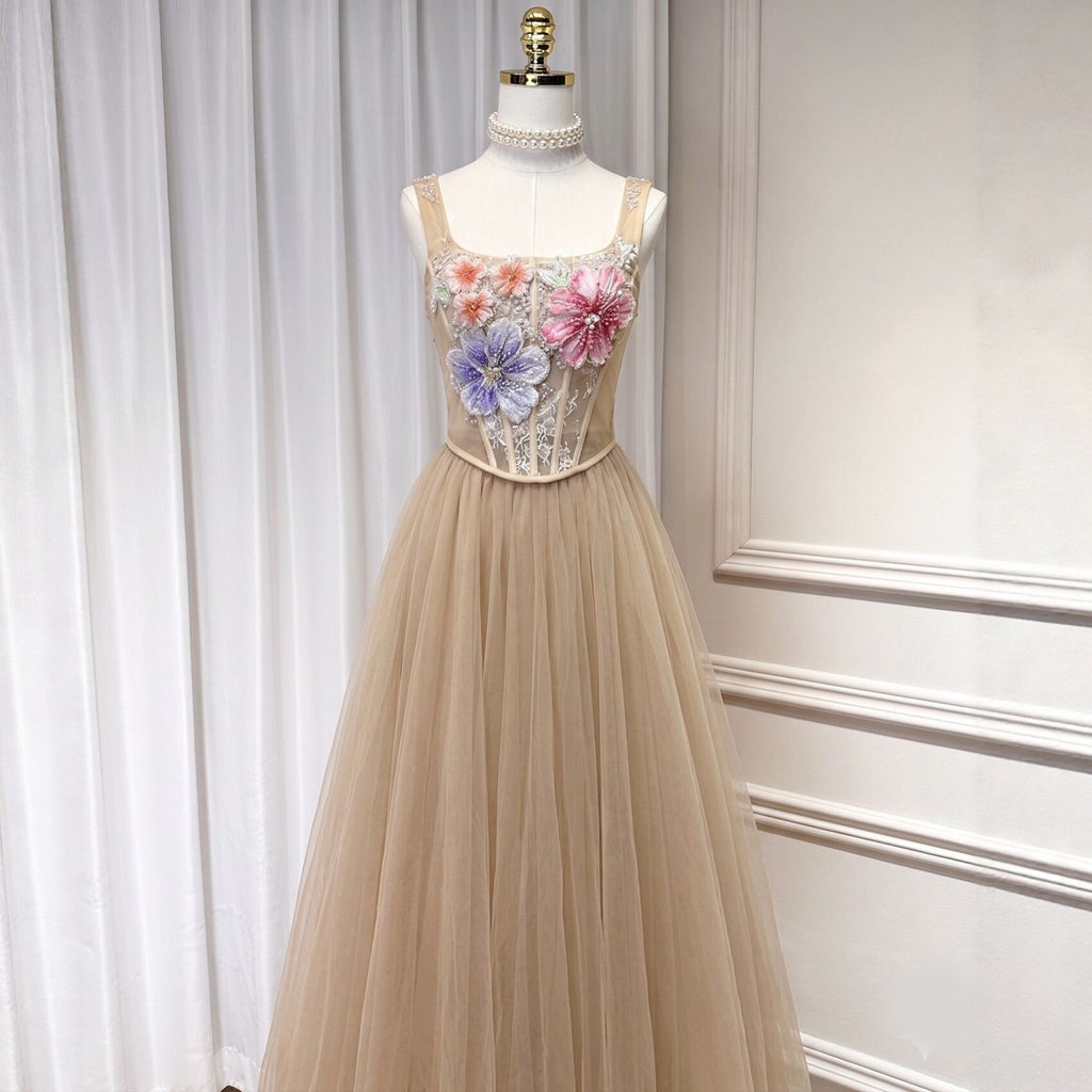 3D Floral Camisole Top & Tulle Skirt Set -  Champagne Avalabel
