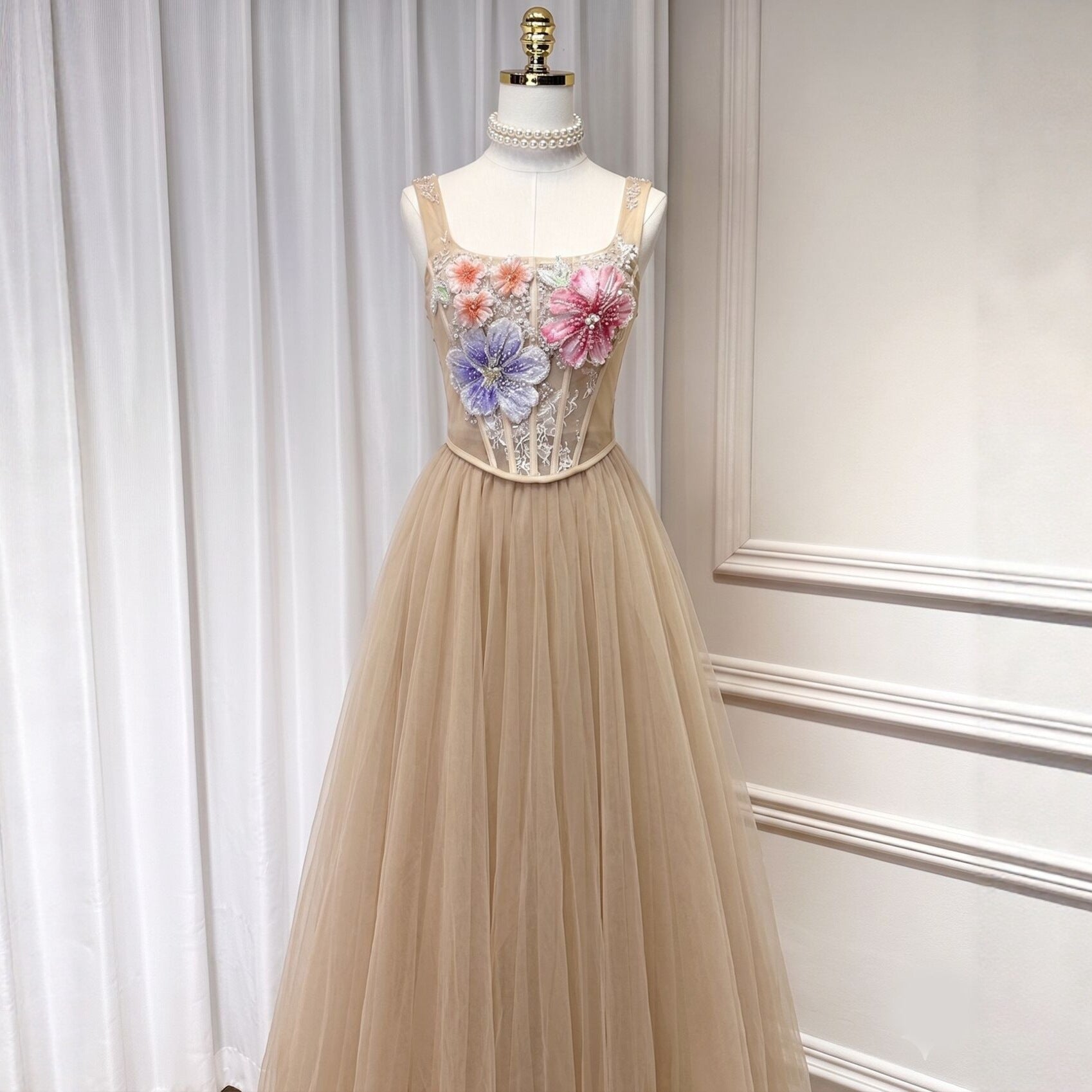 3D Floral Camisole Top & Tulle Skirt Set -  Champagne Avalabel