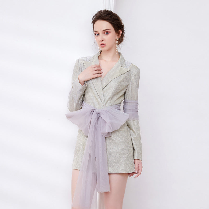 janice Mesh Ribbon Glitter blazer Dress in champagne Avalabel