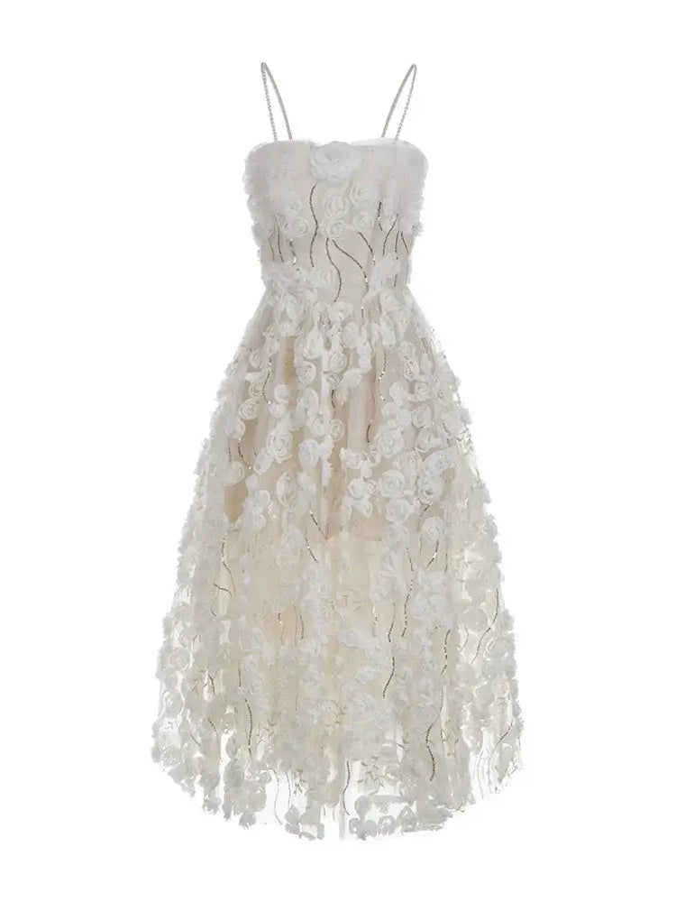 Leah White/Beige Sleeveless  Flower Dress Avalabel