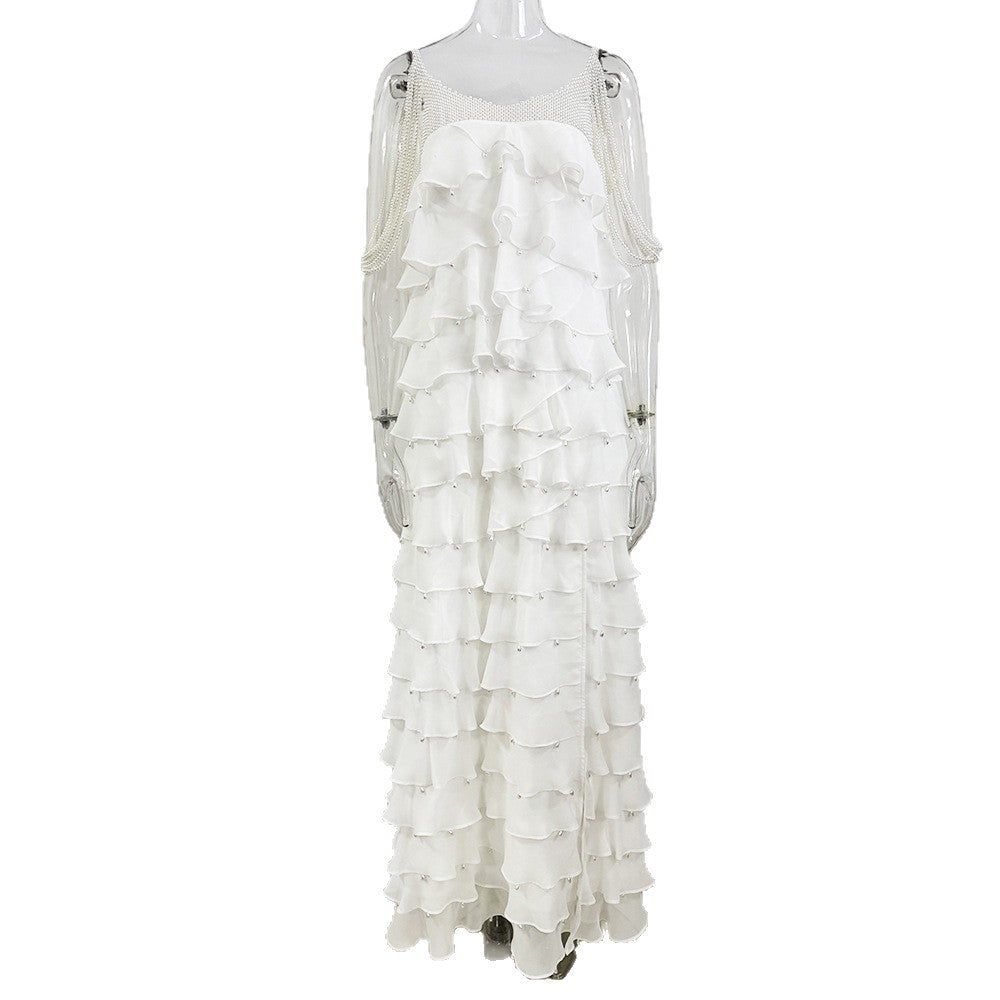 White Nail Bead Layered Lotus Leaf Slit Maxi Dress Avalabel