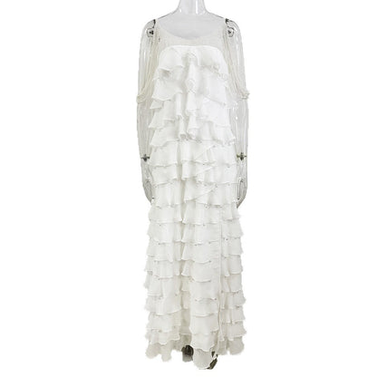 White Nail Bead Layered Lotus Leaf Slit Maxi Dress