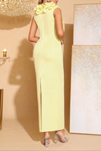 Cynthia 3D Flower V-Neck Sleeveless Bodycon Maxi Dress in Yellow Avalabel