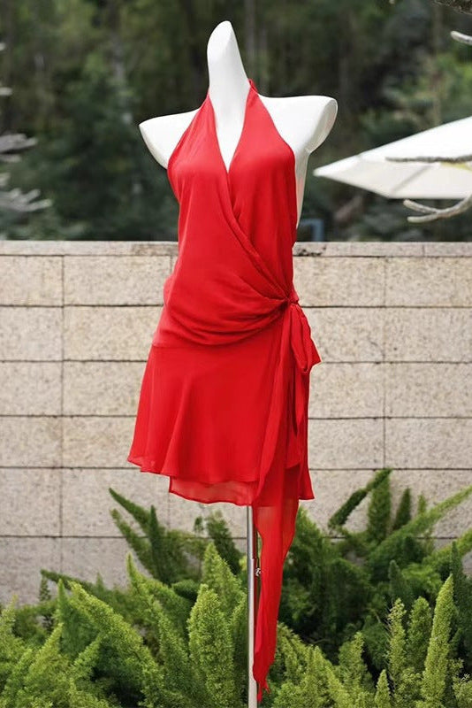 Halter Backless V-Neck Sleeveless Lace-Up Mini Dress in Red Avalabel
