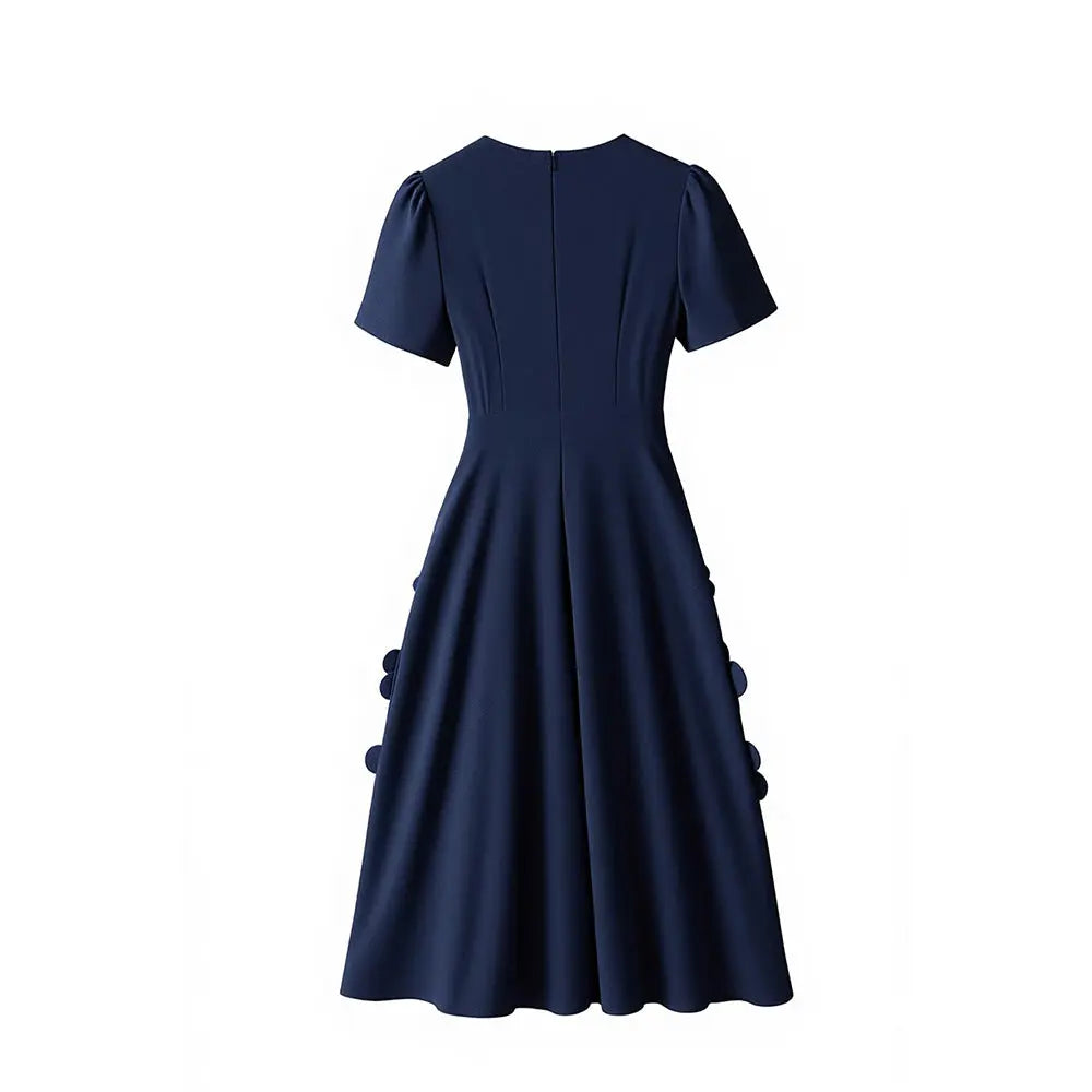 katherine 3d flower appliqué midi dress in navy blue Avalabel
