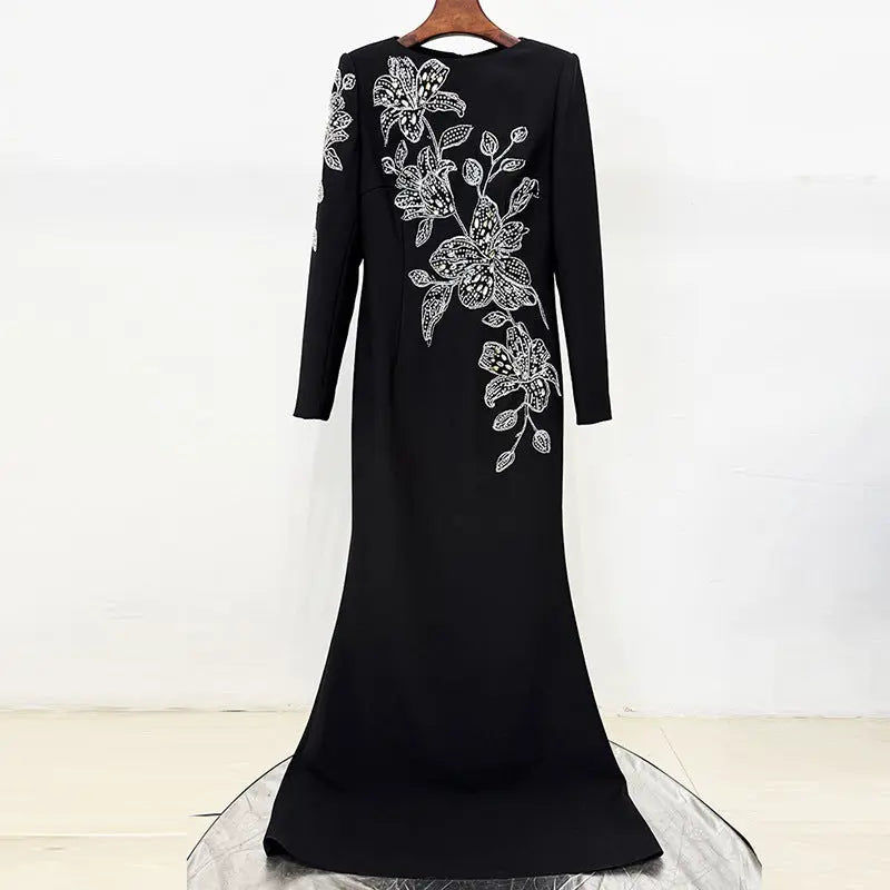 monica rhinestone Orchid Floral-Embellished Maxi Dress in black Avalabel