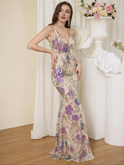 Athena Floral Sequin Bodycon Maxi Dress in Apricot