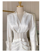 alyssa Deep V See-Through Fishbone Pleated Hip blazer mini dress in white Avalabel